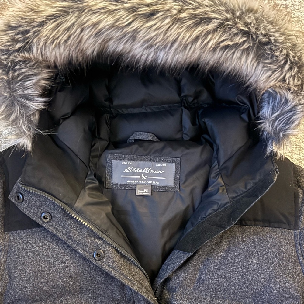 Women’s Eddie Bauer down coat with fur trim hood.
